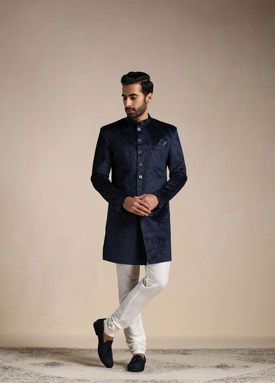 Manyavar Men Navy Blue Paisley Patterned Indo Western Set