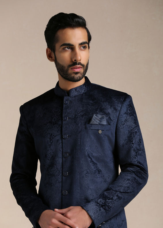 Manyavar Men Navy Blue Paisley Patterned Indo Western Set