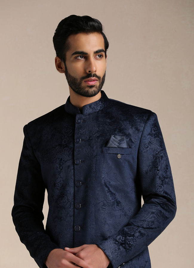 alt message - Manyavar Men Navy Blue Paisley Patterned Indo Western Set image number 0