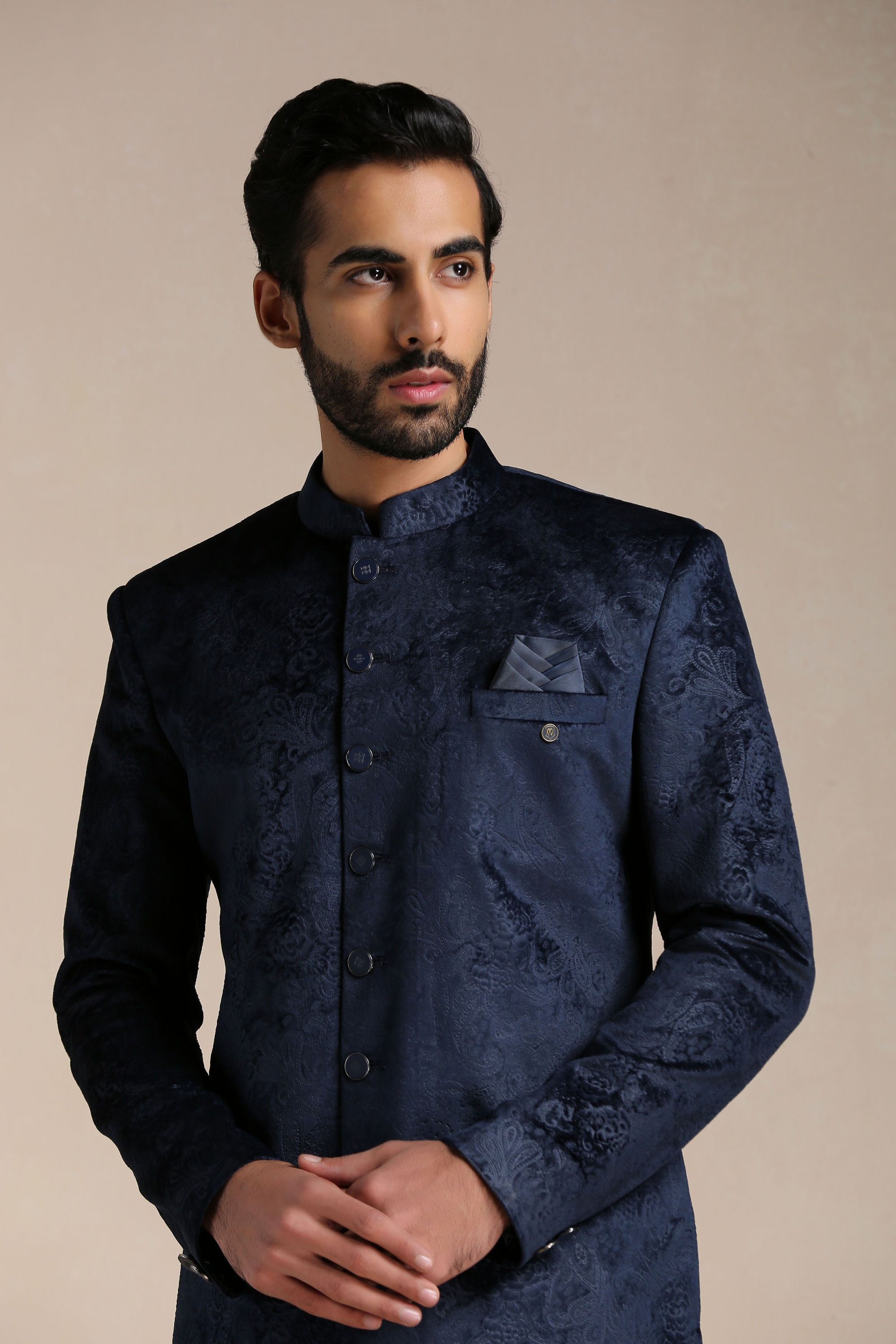 Manyavar Men Navy Blue Paisley Patterned Indo Western Set