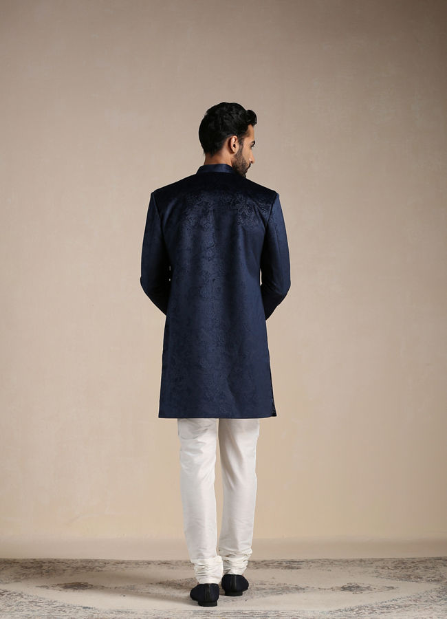Manyavar Men Navy Blue Paisley Patterned Indo Western Set