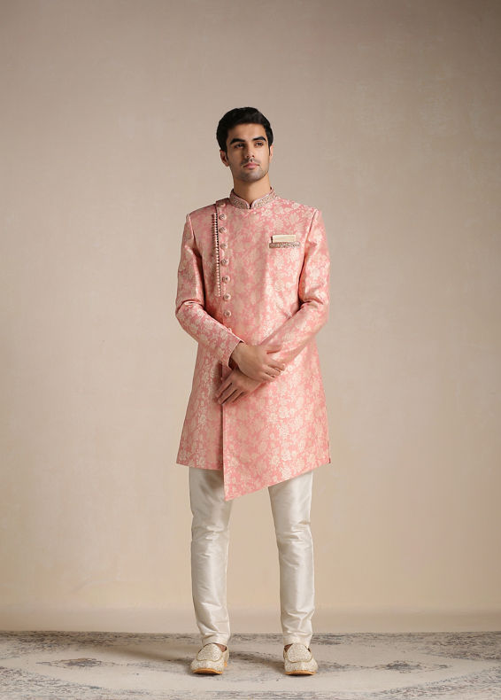 Manyavar Men Flamingo Pink Angrakha Style Indo Western Set