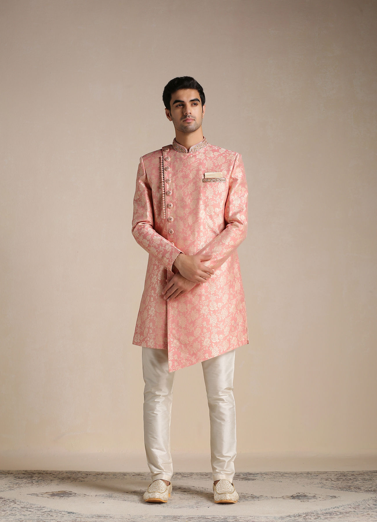 Manyavar Men Flamingo Pink Angrakha Style Indo Western Set