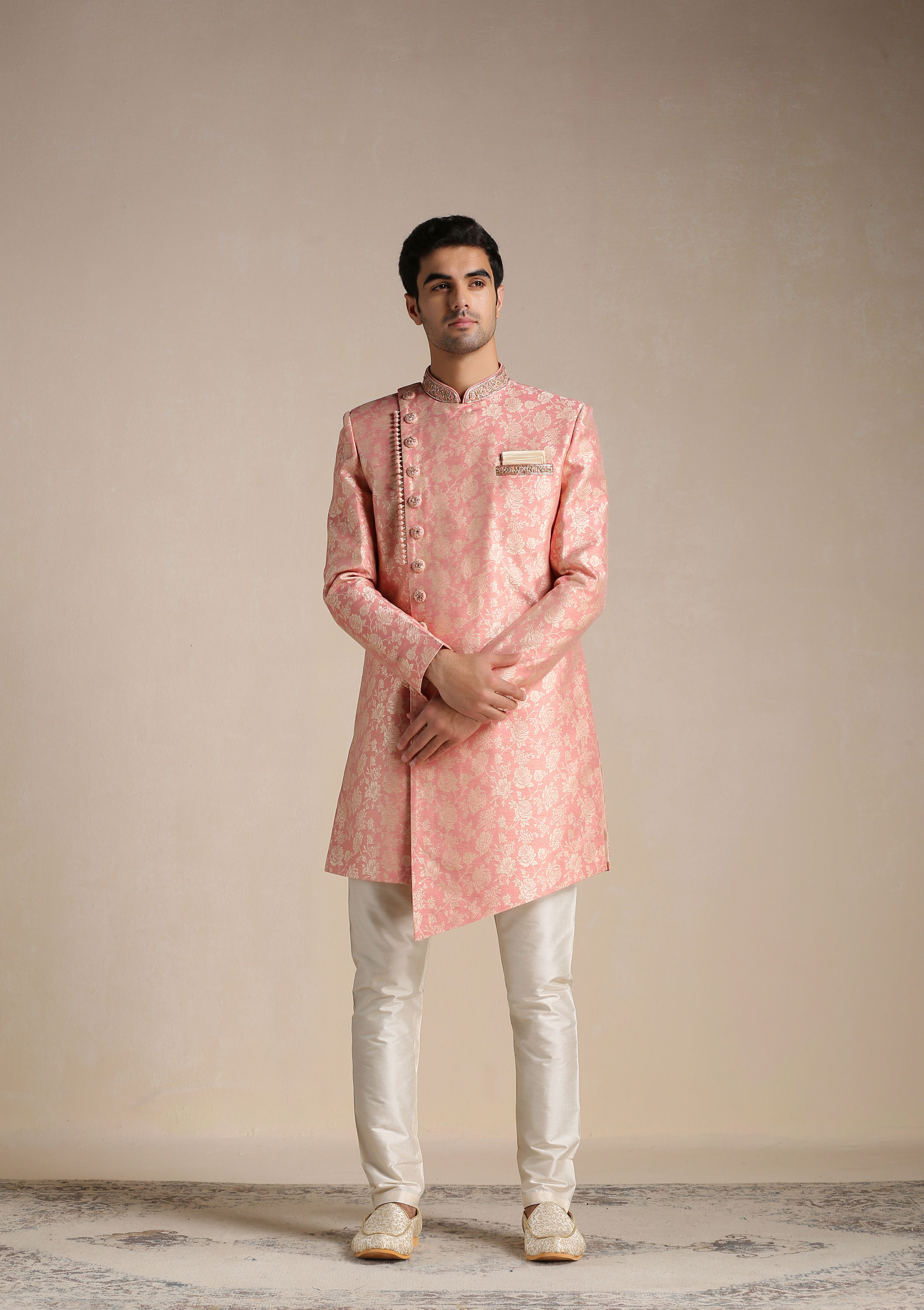 Manyavar Men Flamingo Pink Angrakha Style Indo Western Set