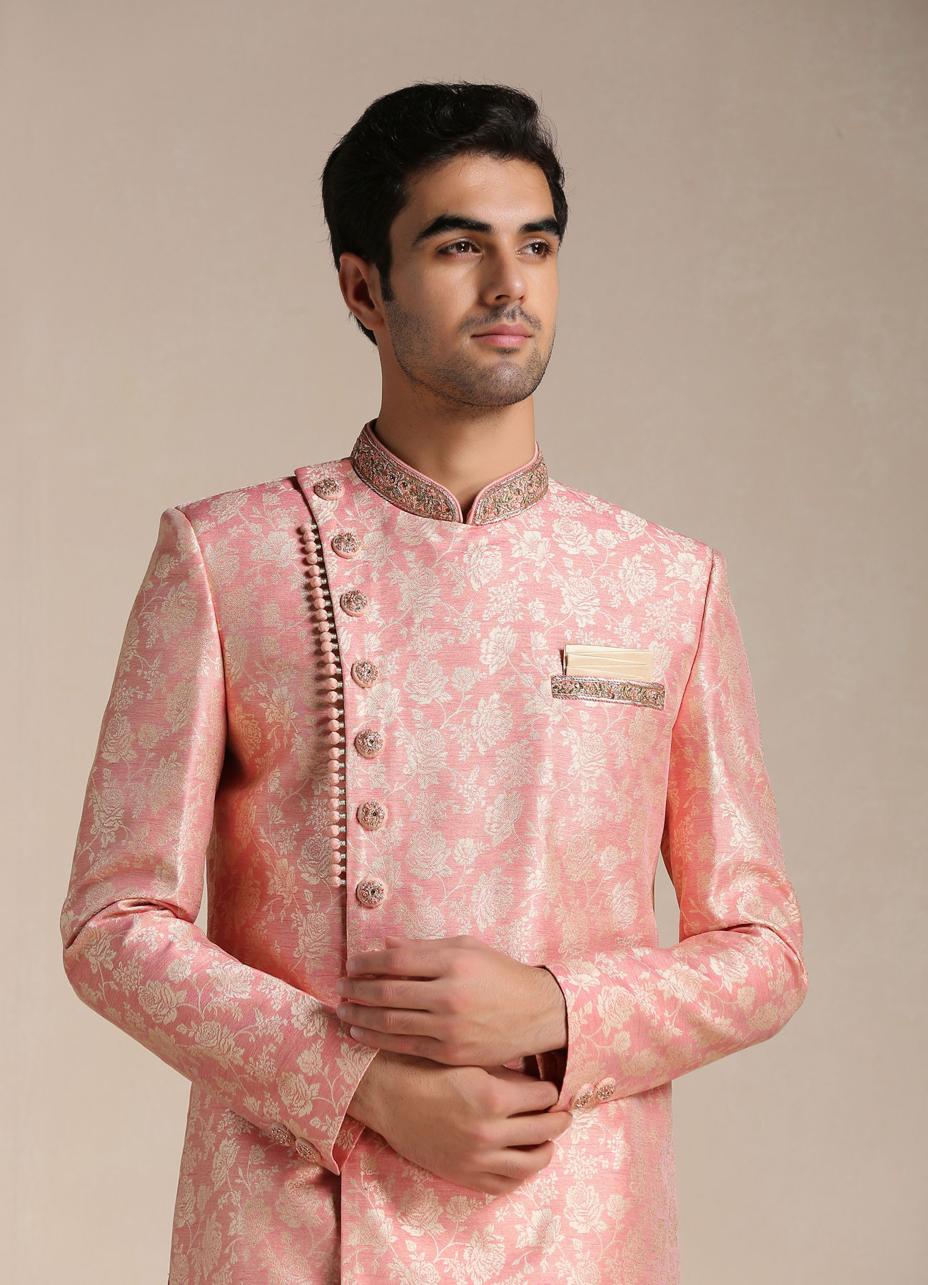 Manyavar Men Flamingo Pink Angrakha Style Indo Western Set