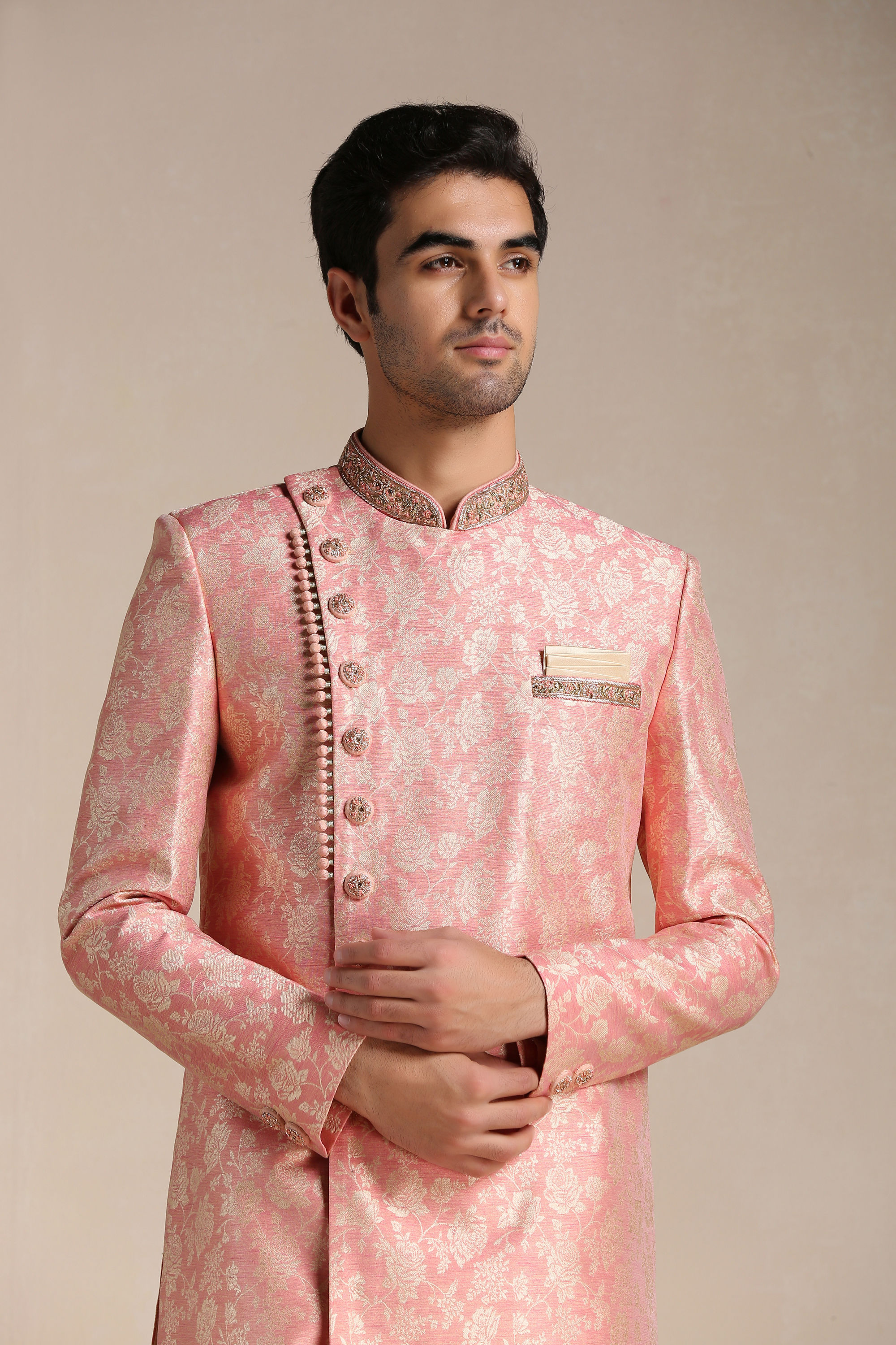 Manyavar Men Flamingo Pink Angrakha Style Indo Western Set