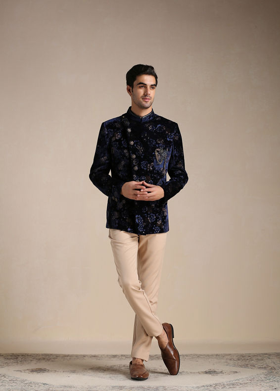 Manyavar Men Royal Blue Floral Print Angrakha Style Indo Western Set