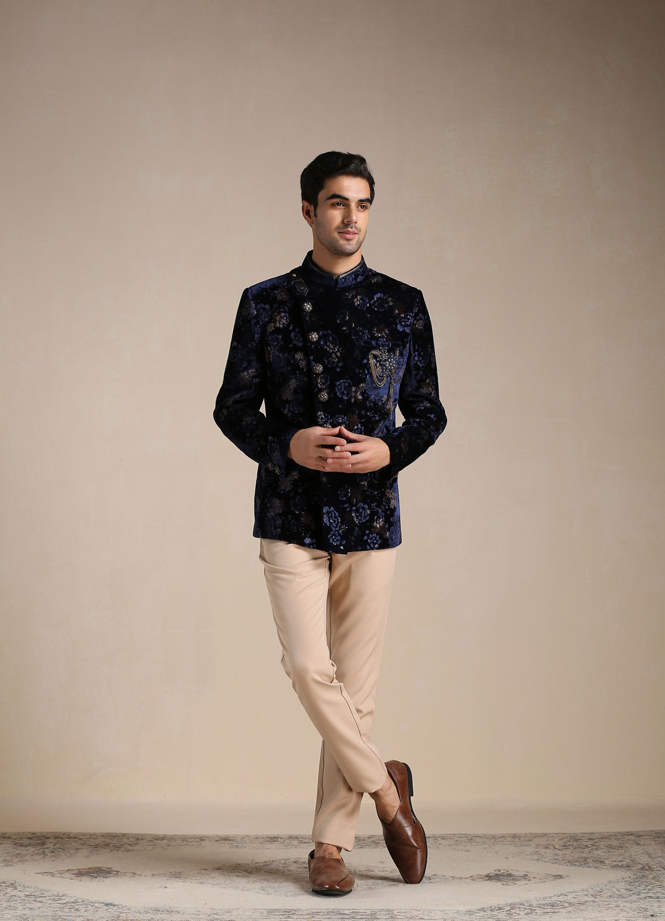 Manyavar Men Royal Blue Floral Print Angrakha Style Indo Western Set