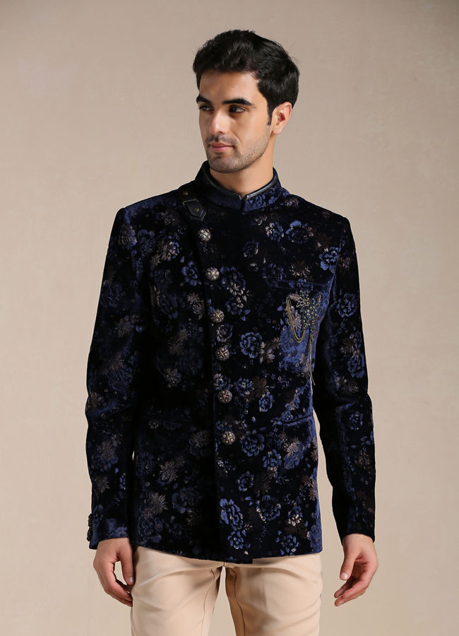 Suit Set For Men Buy Royal Blue Floral Print Angrakha Style Indo Western Set Online Manyavar 