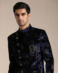 Manyavar Men Royal Blue Floral Print Angrakha Style Indo Western Set