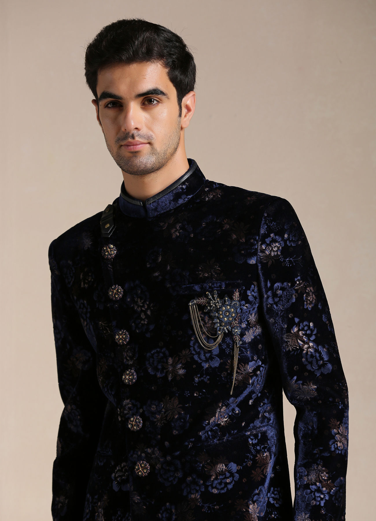 Manyavar Men Royal Blue Floral Print Angrakha Style Indo Western Set