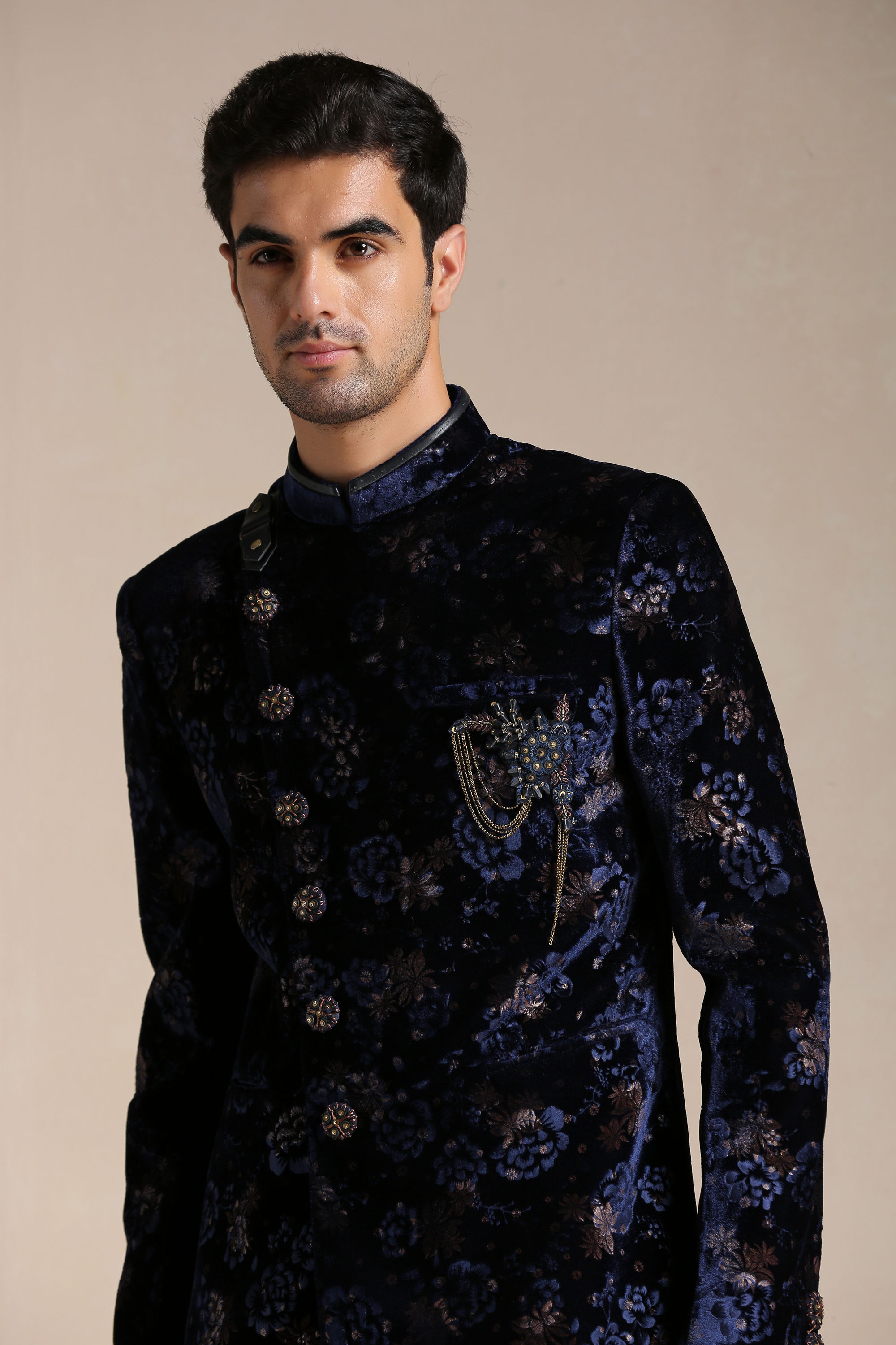 Manyavar Men Royal Blue Floral Print Angrakha Style Indo Western Set