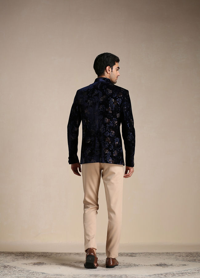 Manyavar Men Royal Blue Floral Print Angrakha Style Indo Western Set