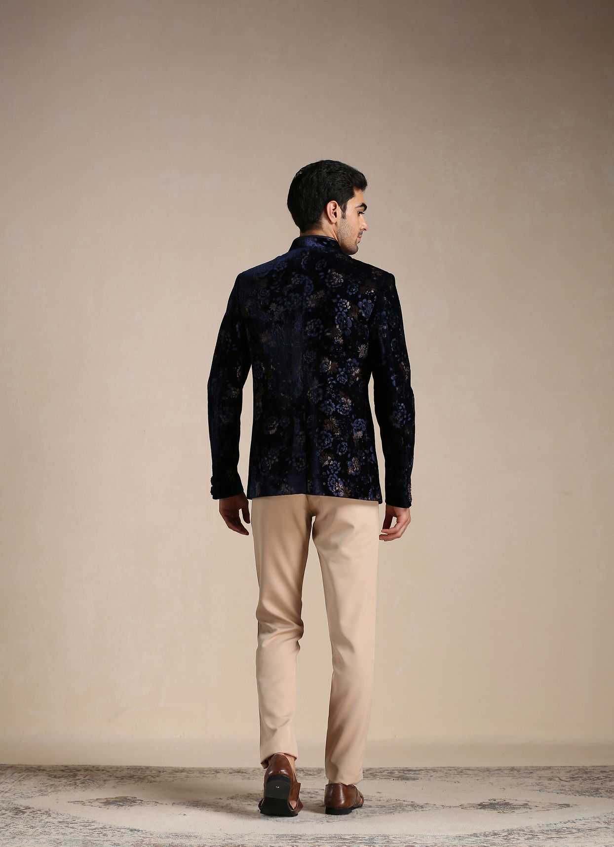 Manyavar Men Royal Blue Floral Print Angrakha Style Indo Western Set