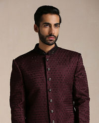 Manyavar Men Windsor Wine Jaal Patterned Achkan Style Indo Western Set