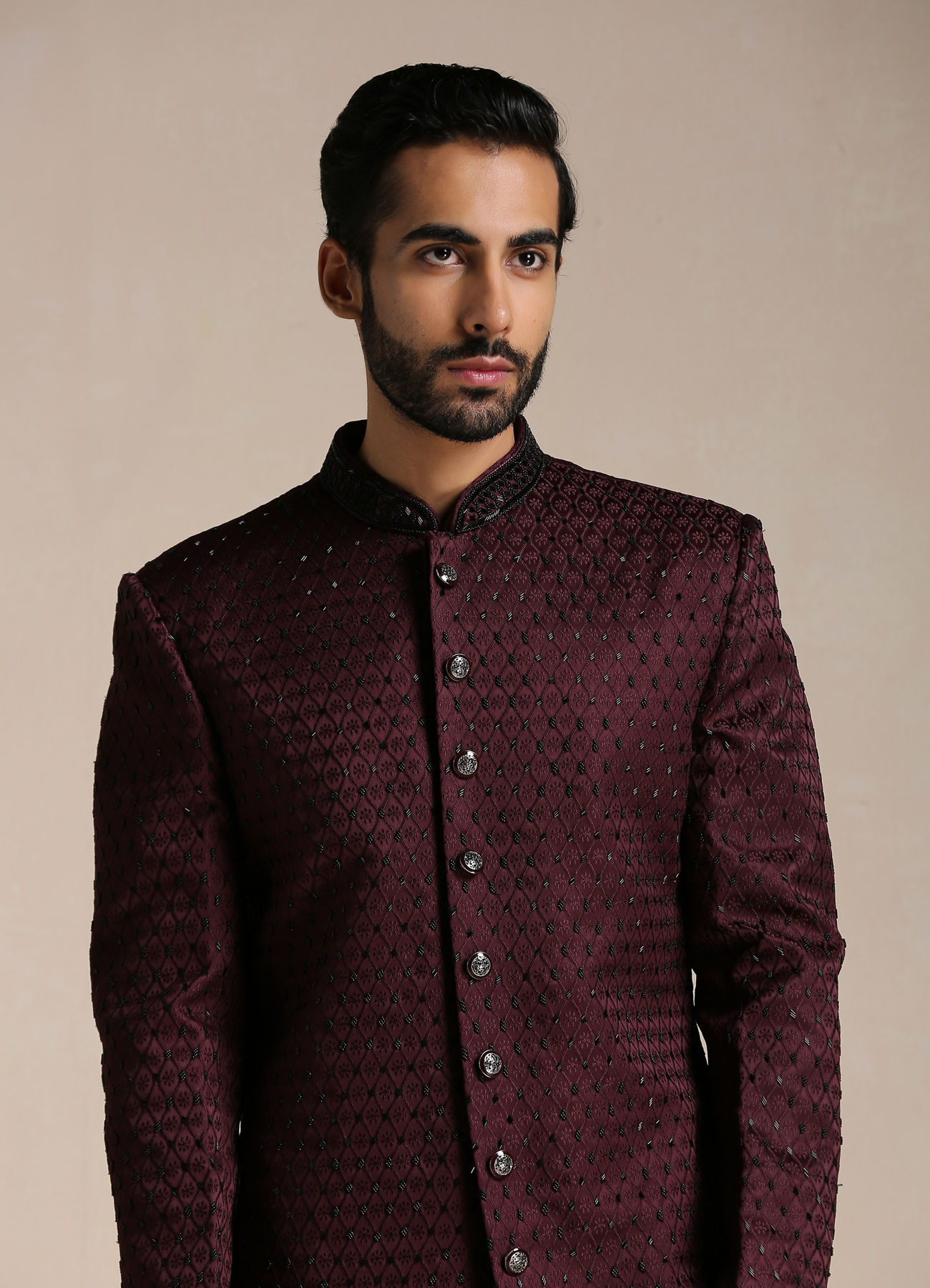 Manyavar Men Windsor Wine Jaal Patterned Achkan Style Indo Western Set