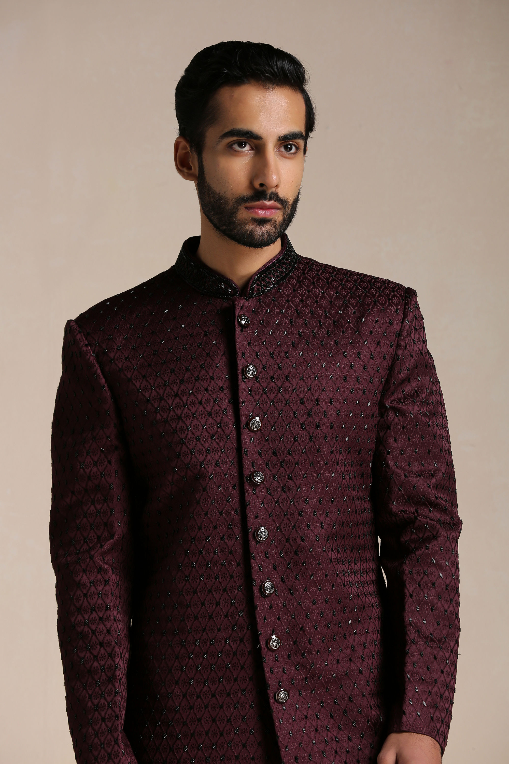 Manyavar Men Windsor Wine Jaal Patterned Achkan Style Indo Western Set