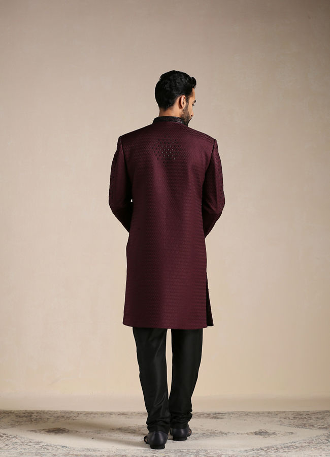 Manyavar Men Windsor Wine Jaal Patterned Achkan Style Indo Western Set
