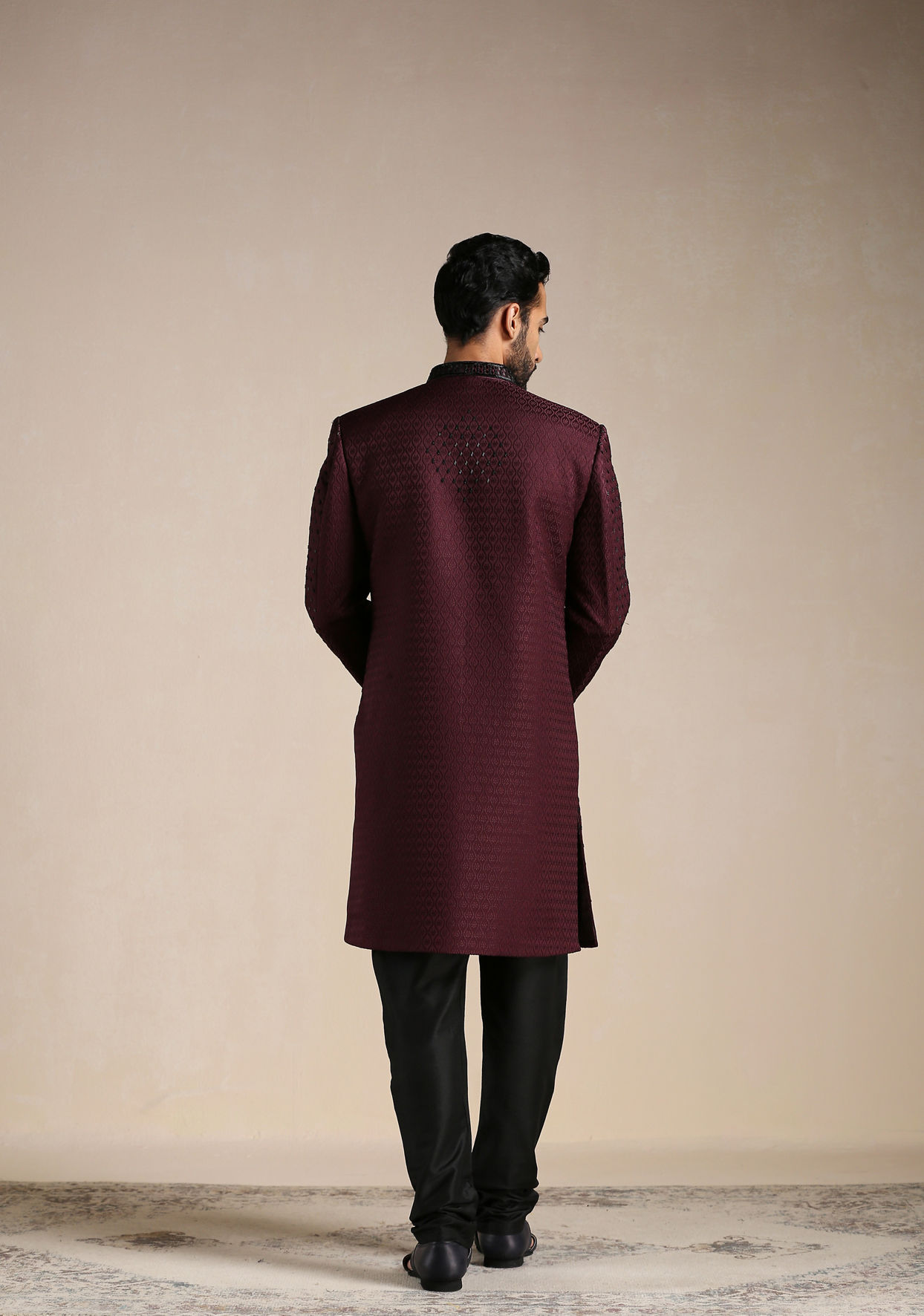 Manyavar Men Windsor Wine Jaal Patterned Achkan Style Indo Western Set