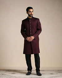 Manyavar Men Windsor Wine Jaal Patterned Achkan Style Indo Western Set