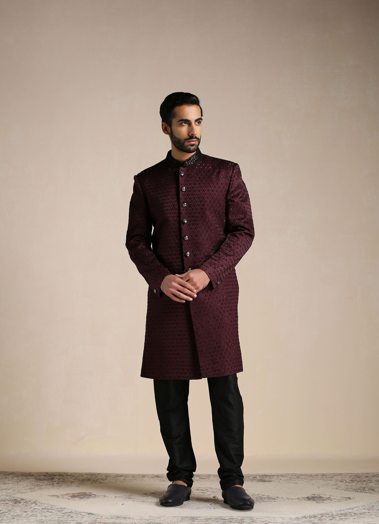 Manyavar Men Windsor Wine Jaal Patterned Achkan Style Indo Western Set