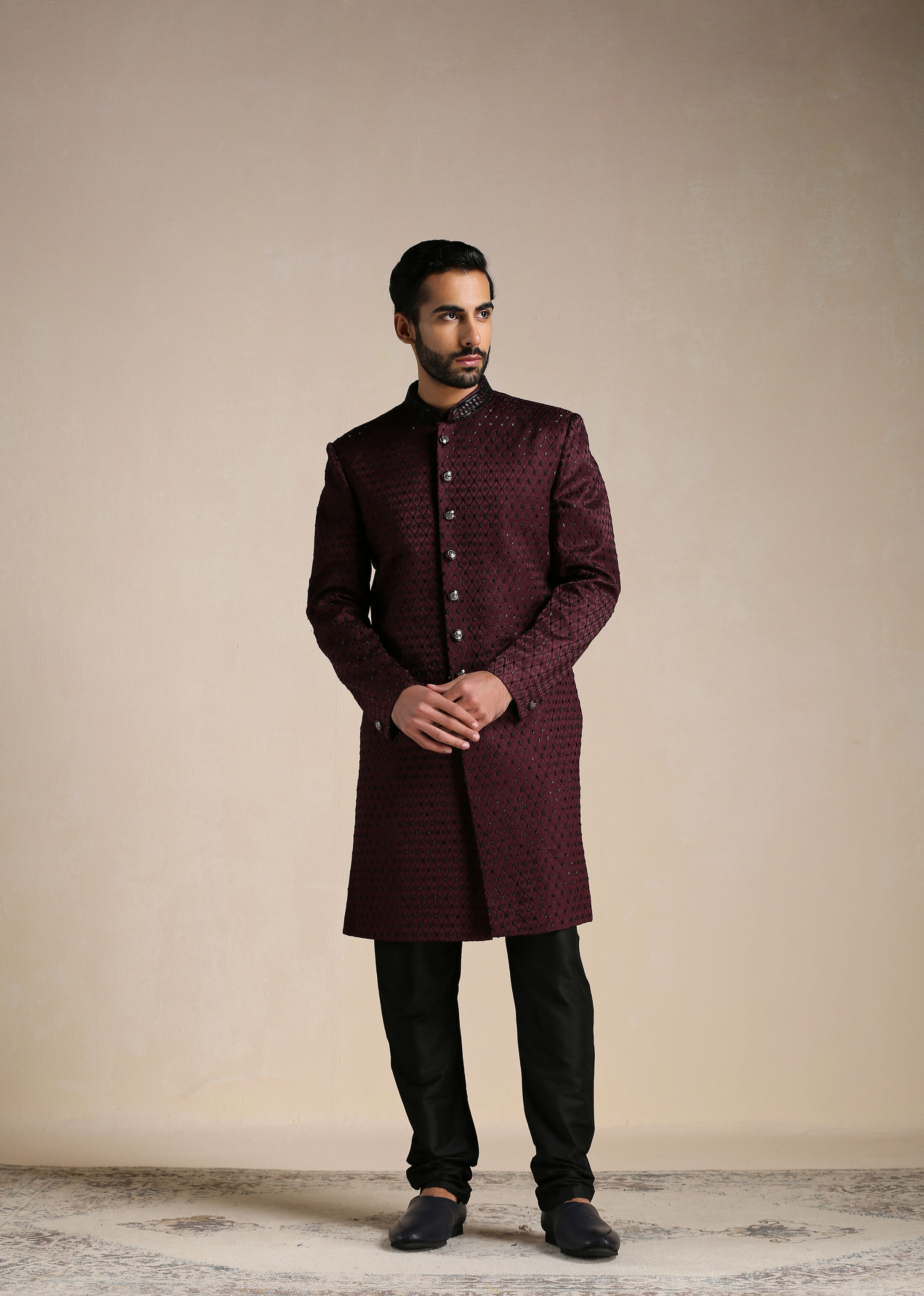 Manyavar Men Windsor Wine Jaal Patterned Achkan Style Indo Western Set