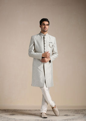 Manyavar Men Sterling Grey Ogee Patterned Indo Western Set