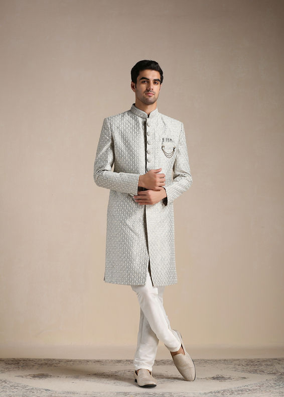 Manyavar Men Sterling Grey Ogee Patterned Indo Western Set