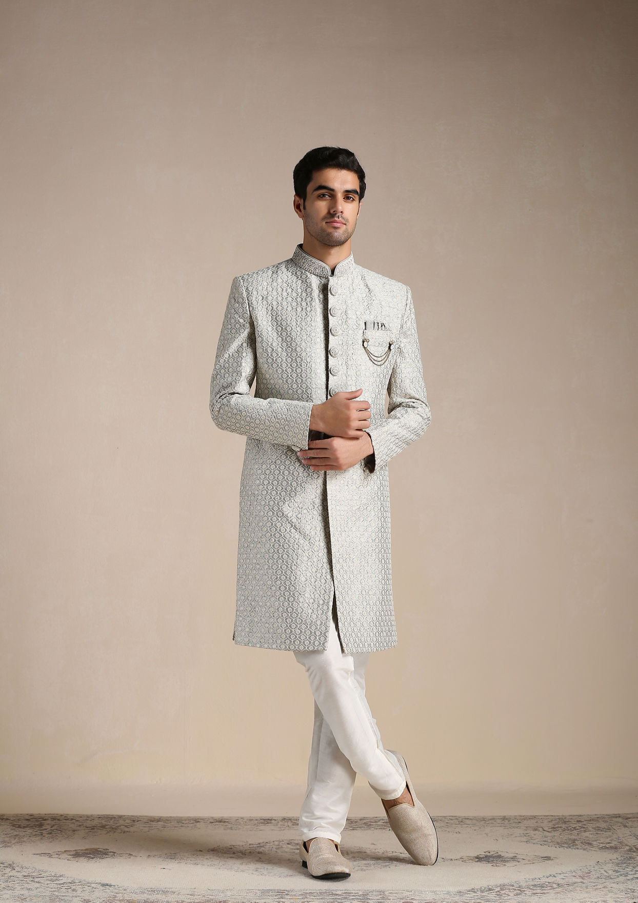 Manyavar Men Sterling Grey Ogee Patterned Indo Western Set