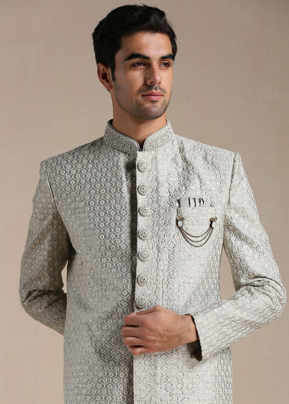 Manyavar Men Sterling Grey Ogee Patterned Indo Western Set