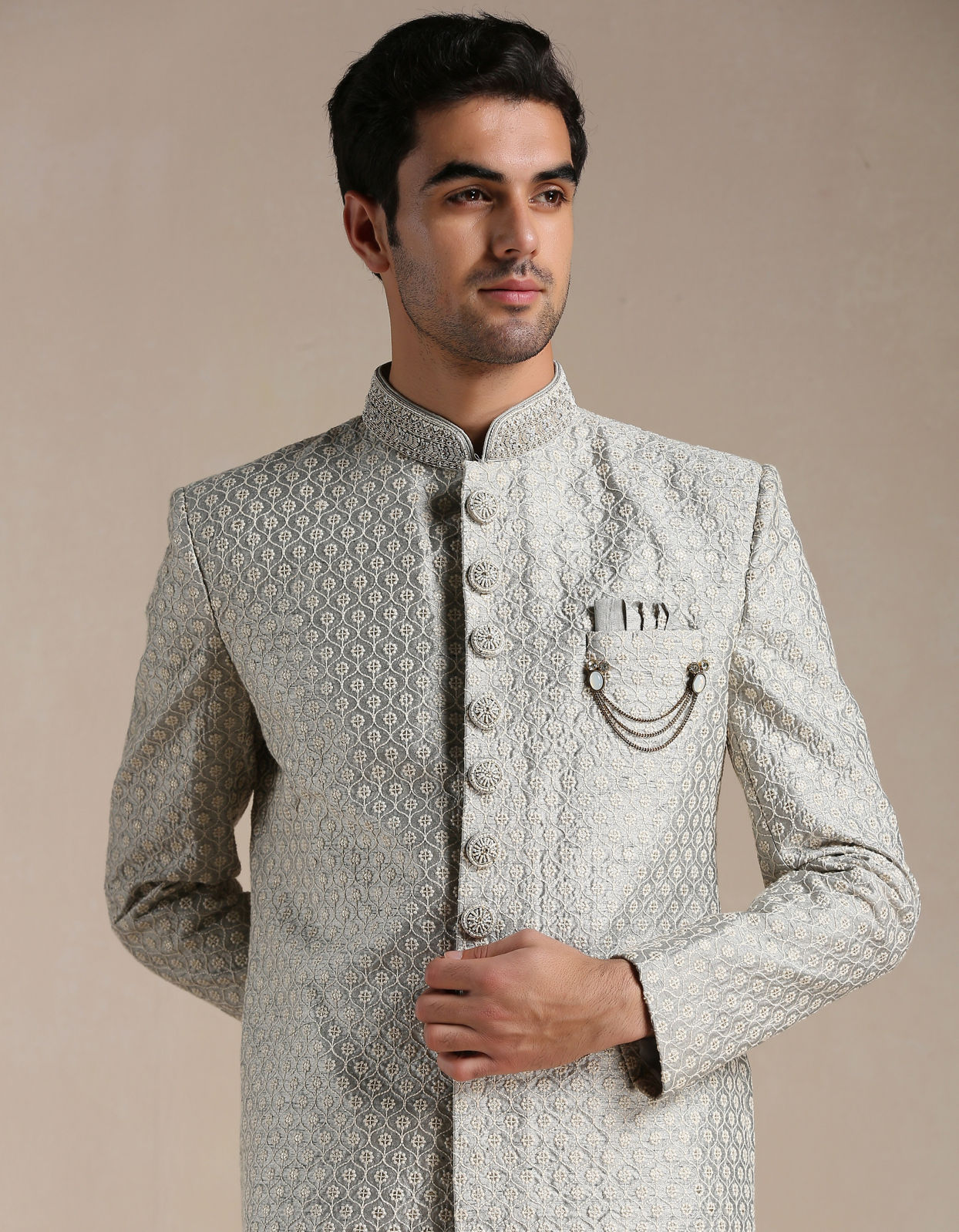 Manyavar Men Sterling Grey Ogee Patterned Indo Western Set