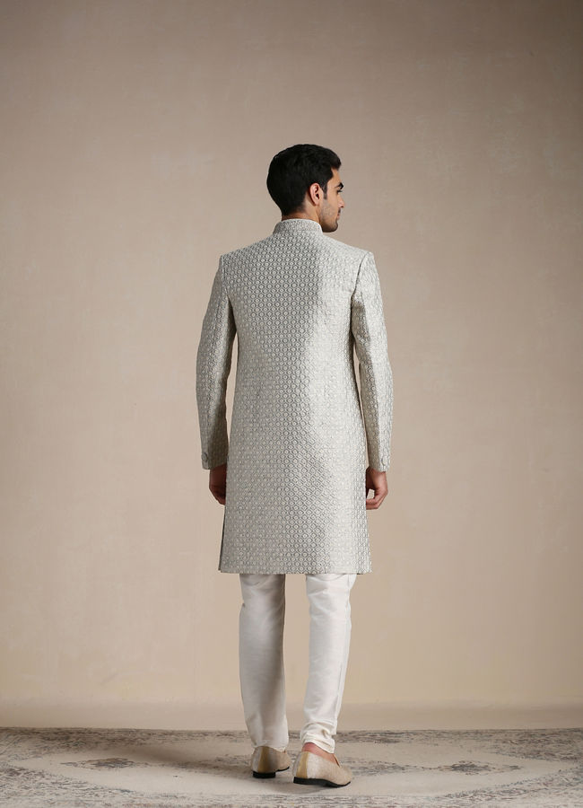 Manyavar Men Sterling Grey Ogee Patterned Indo Western Set