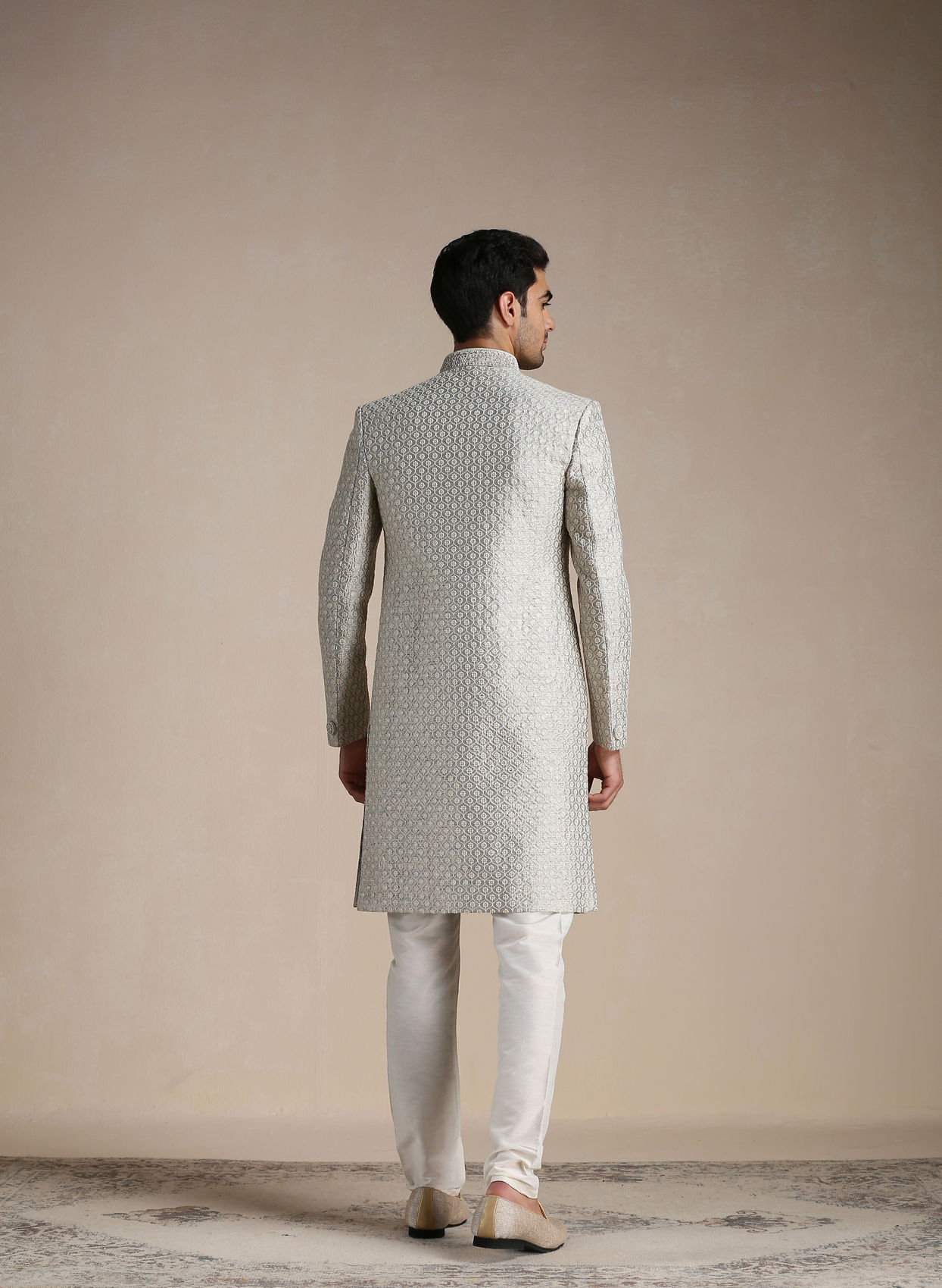 Manyavar Men Sterling Grey Ogee Patterned Indo Western Set