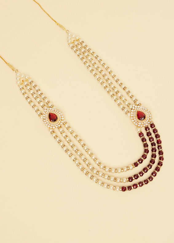 alt message - Manyavar Men Ruby Red Stone and Pearl Brooch Detailed Mala