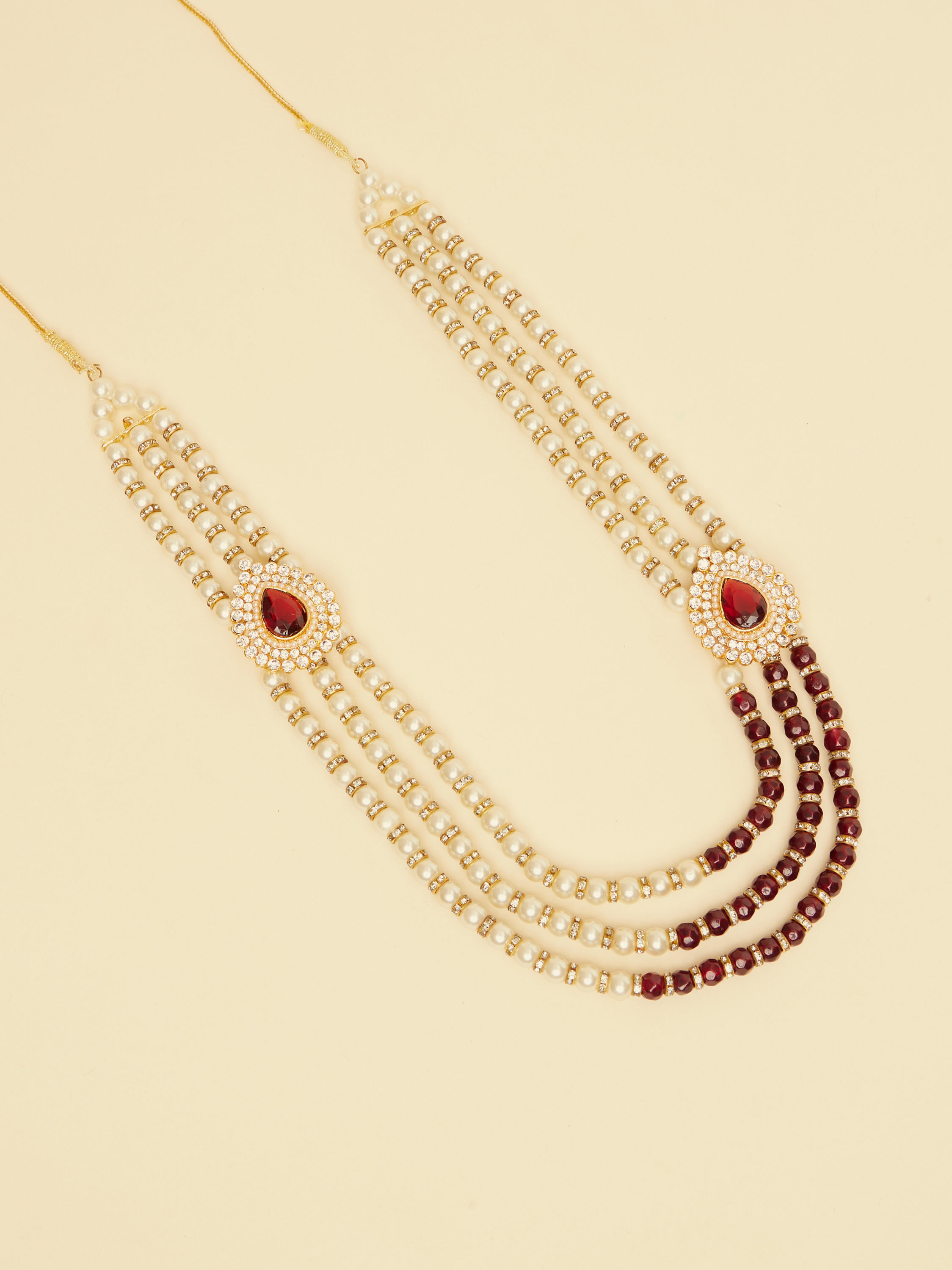 Manyavar Men Ruby Red Stone and Pearl Brooch Detailed Mala