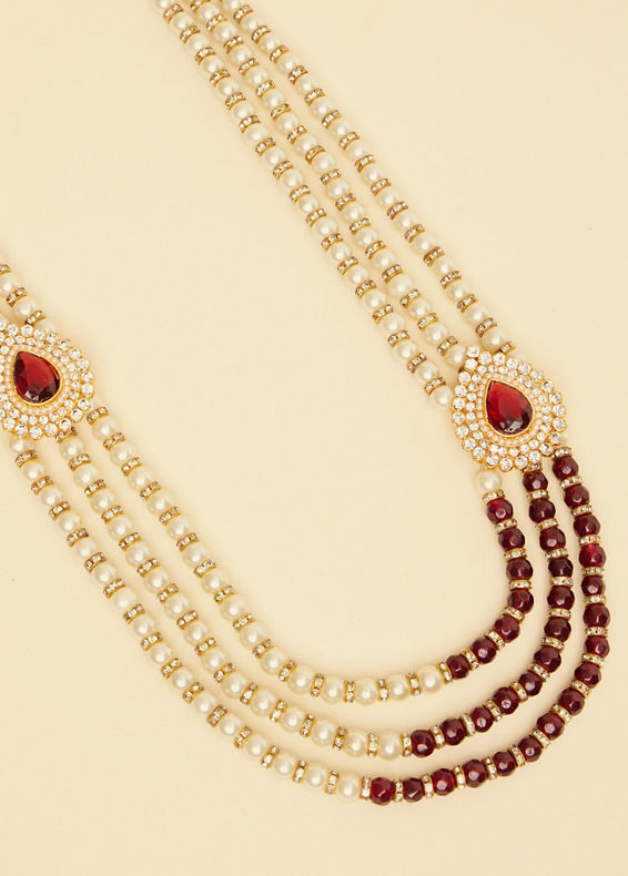 Manyavar Men Ruby Red Stone and Pearl Brooch Detailed Mala