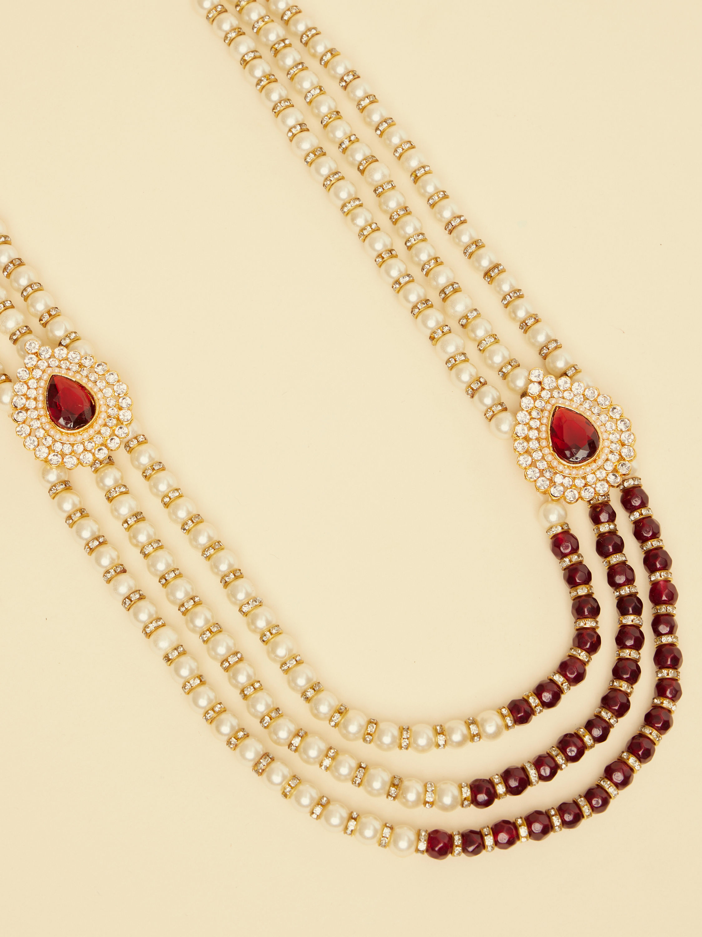 Manyavar Men Ruby Red Stone and Pearl Brooch Detailed Mala