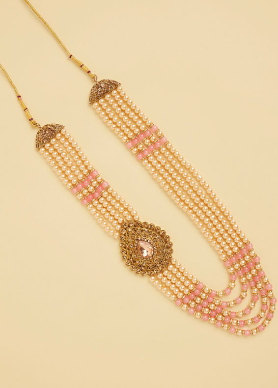 alt message - Manyavar Men Pearl and Pink Stone Pendant Mala