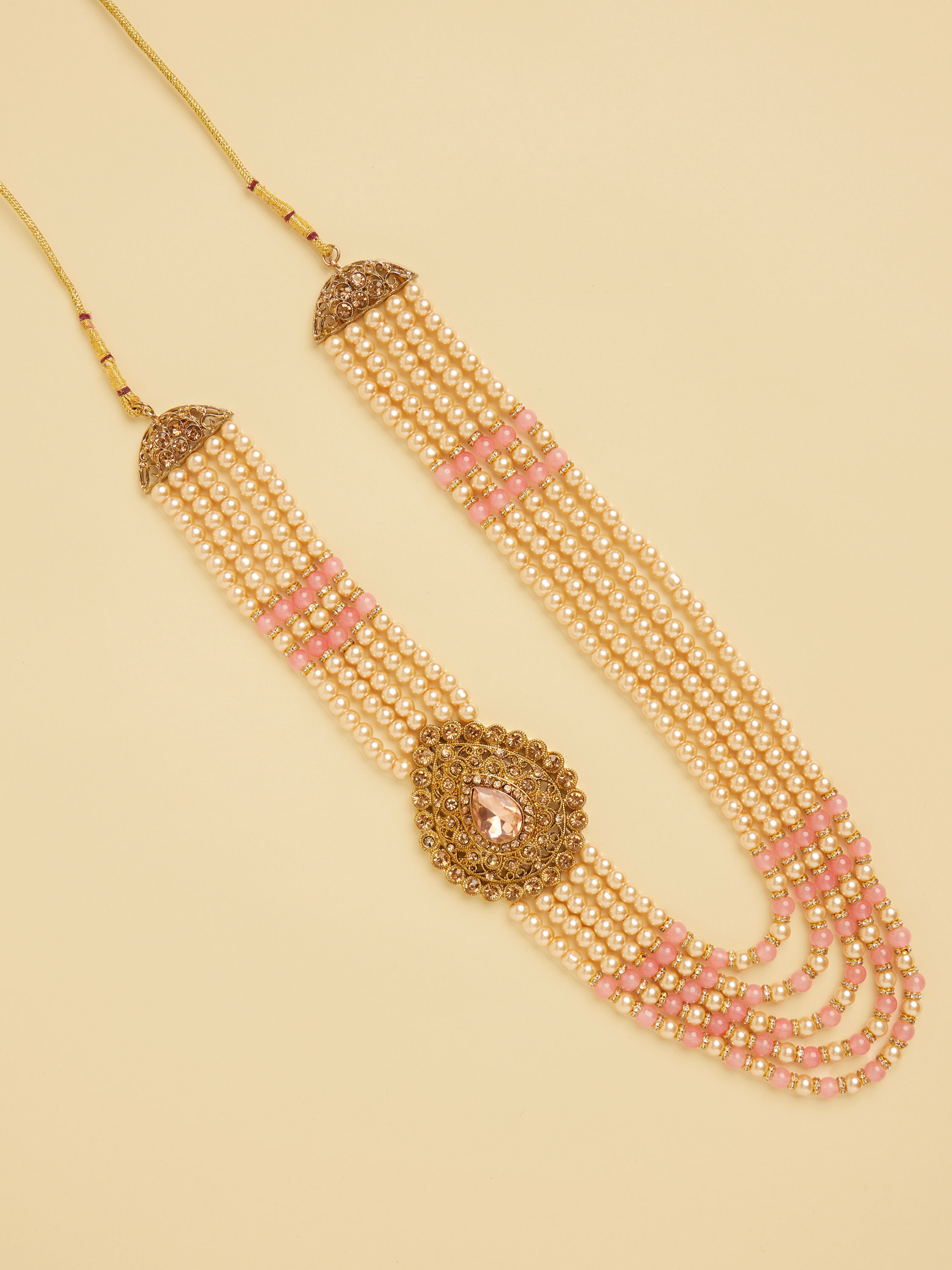 Manyavar Men Pearl and Pink Stone Pendant Mala