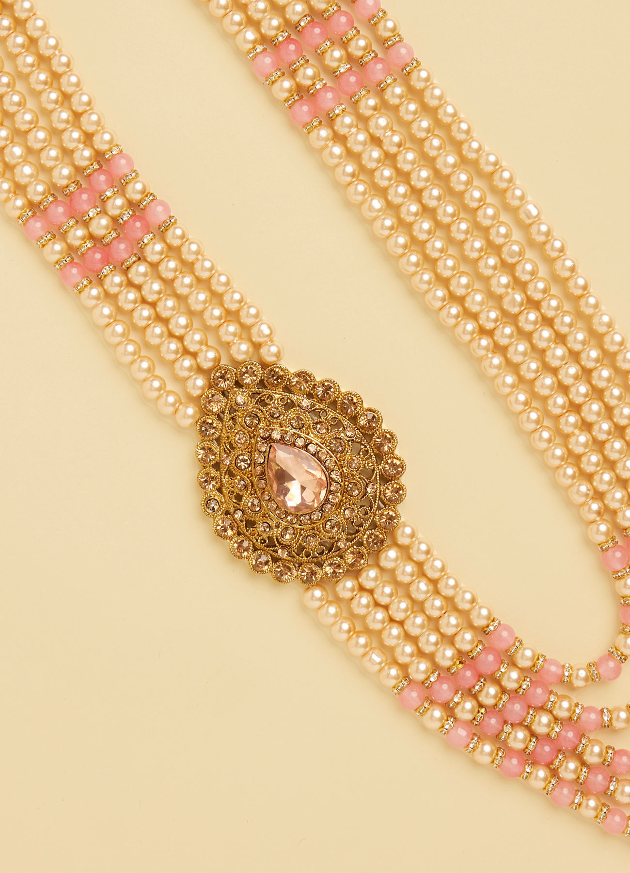 Manyavar Men Pearl and Pink Stone Pendant Mala