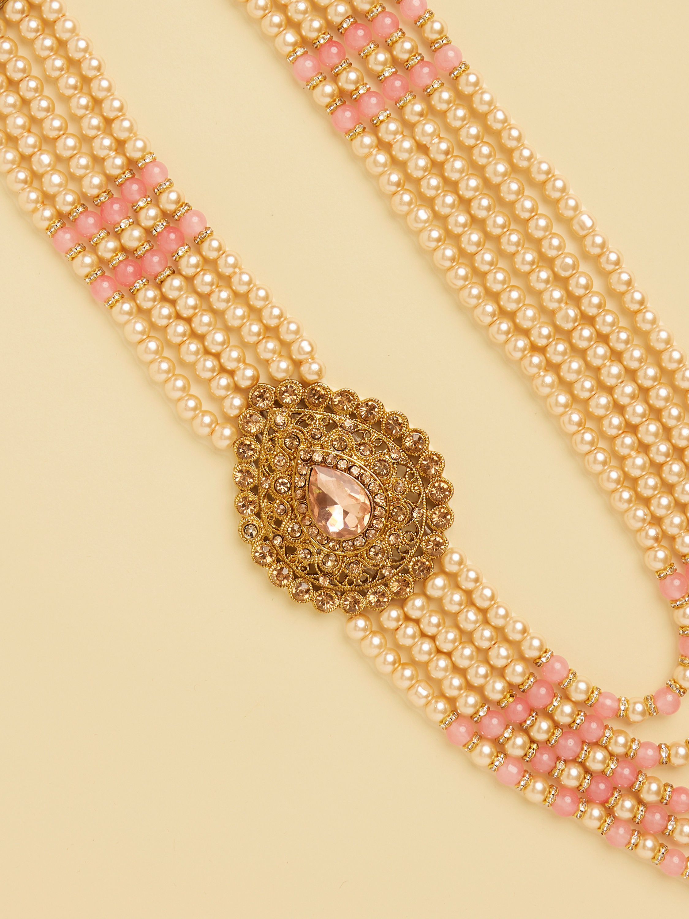 Manyavar Men Pearl and Pink Stone Pendant Mala