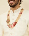 Manyavar Men Cream and Maroon Pearl Layered Mala with Pendant