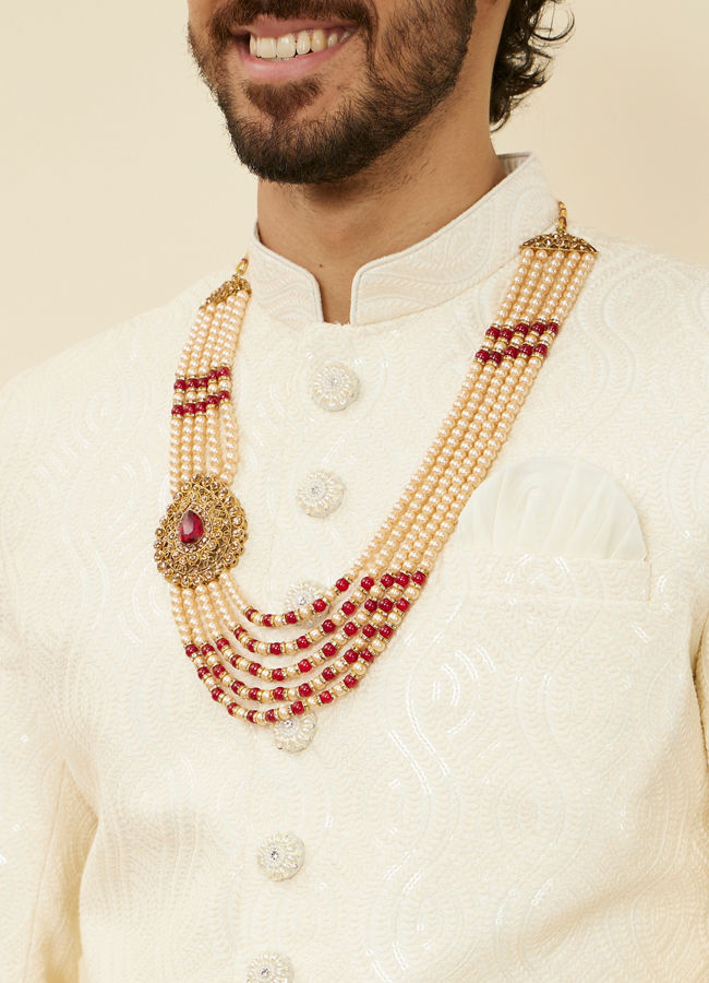 Manyavar Men Cream and Maroon Pearl Layered Mala with Pendant