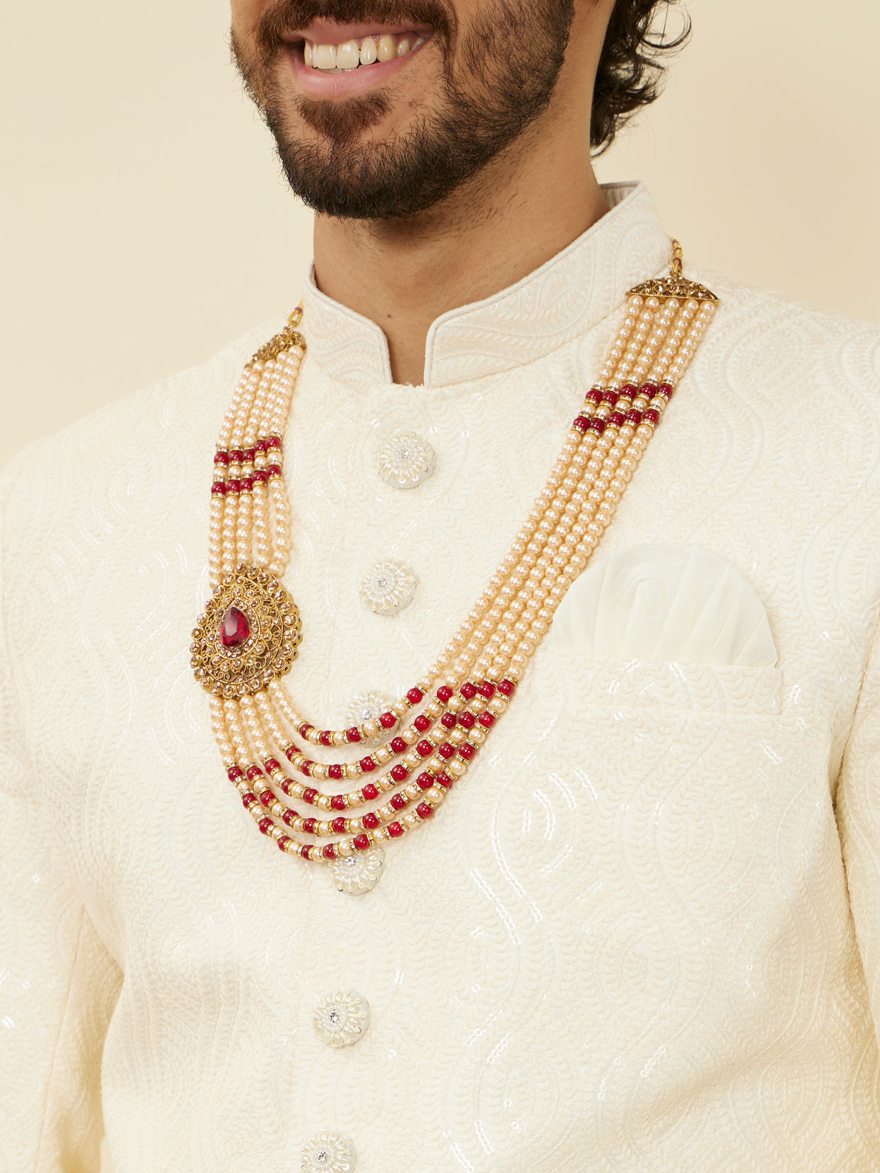 alt message - Manyavar Men Cream and Maroon Pearl Layered Mala with Pendant image number 2