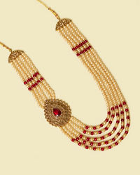 Manyavar Men Cream and Maroon Pearl Layered Mala with Pendant