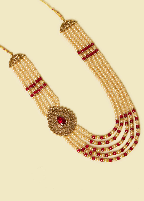 alt message - Manyavar Men Cream and Maroon Pearl Layered Mala with Pendant