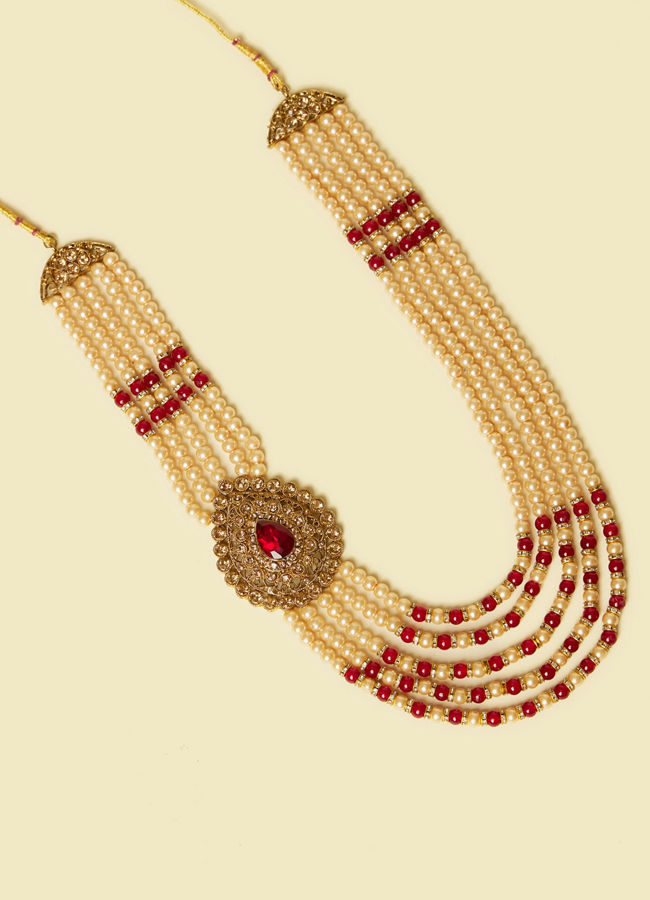 alt message - Manyavar Men Cream and Maroon Pearl Layered Mala with Pendant image number 0