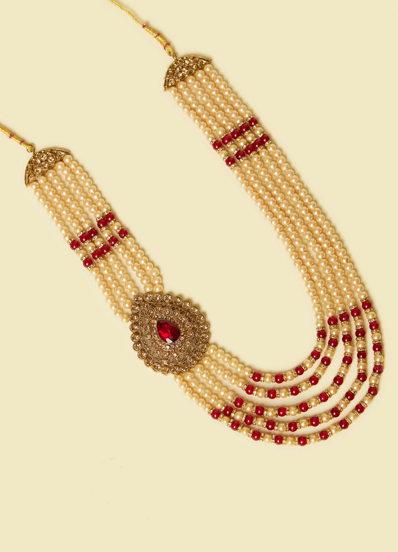 Manyavar Men Cream and Maroon Pearl Layered Mala with Pendant