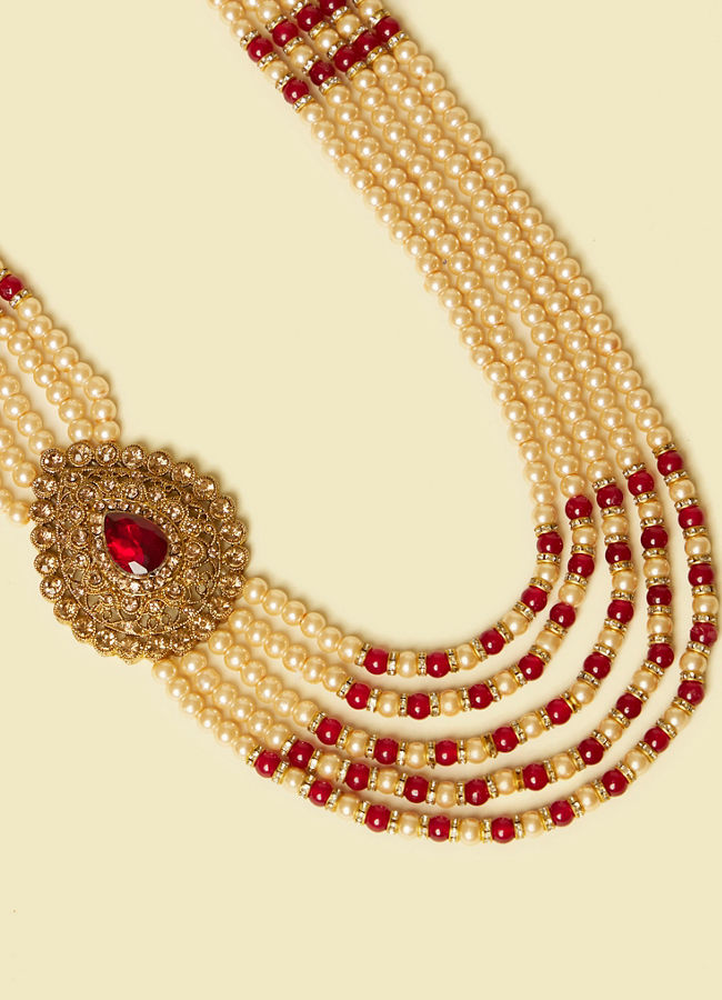 alt message - Manyavar Men Cream and Maroon Pearl Layered Mala with Pendant image number 1