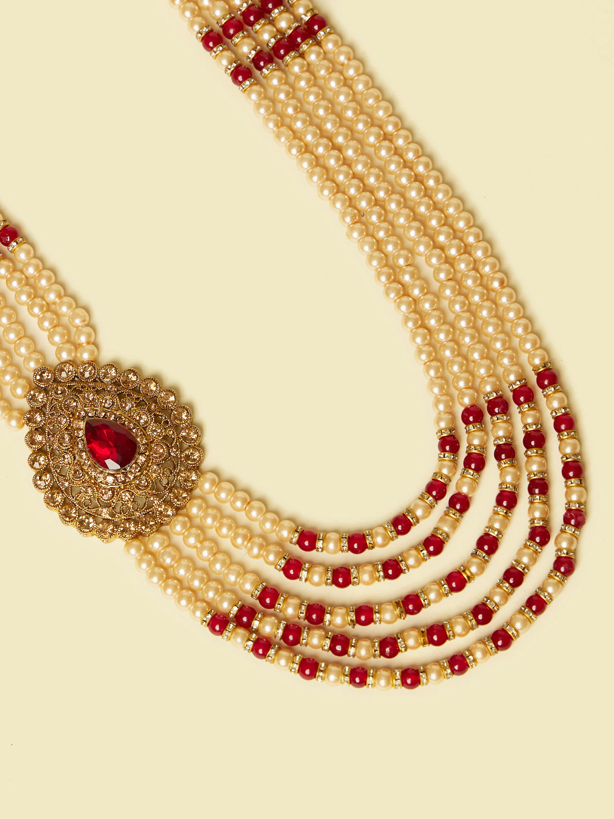 alt message - Manyavar Men Cream and Maroon Pearl Layered Mala with Pendant image number 1